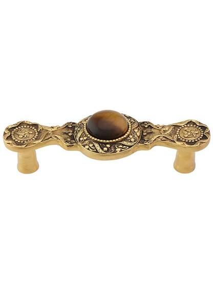 Victorian Jewel Pull Inset with Tiger Eye - 3 inch Center-to-Center in 24K Gold Plate.